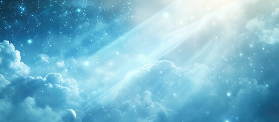 Serene blue fantasy background with ethereal clouds and soft light beams creating a dreamy, tranquil atmosphere perfect for creative projects.