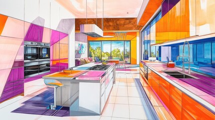 Poster - A vibrant, detailed architectural drawing of a modern kitchen, featuring bold color schemes and cutting-edge design elements that highlight contemporary living