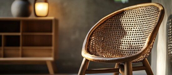 Fototapete - Elegant bamboo woven chair with a contemporary interior background showcasing minimalist design and natural textures.