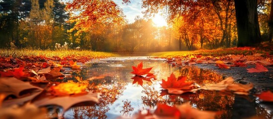 Wall Mural - Autumn foliage reflecting in a tranquil puddle under golden sunlight creating a serene nature scene.