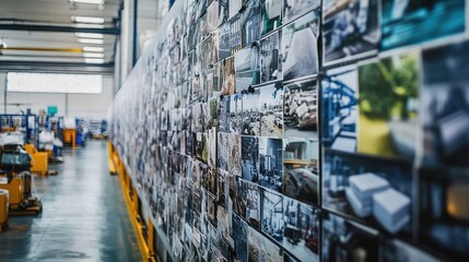 Poster - A wall in a factory covered with images of local suppliers and community-driven manufacturing projects, highlighting collaboration and local success.