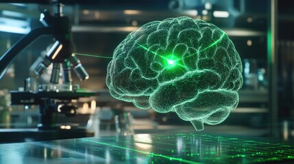 Poster - A virtual representation of the human brain sending data with green lasers to advanced microscopes in a lab, showcasing neural network research and AI innovation.