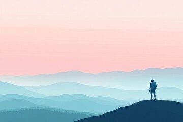 Wall Mural - Silhouette of hiker on mountain ridge during serene sunset with open space for personal reflection. Generative AI