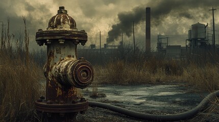 Aufkleber - A weathered, rusty fire hydrant with an old fire hose in an industrial landscape, featuring worn machinery and a moody, atmospheric backdrop.