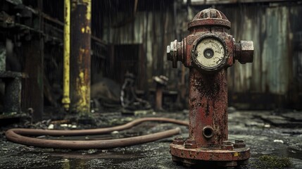 Aufkleber - A weathered, rusty fire hydrant with an old fire hose in an industrial landscape, featuring worn machinery and a moody, atmospheric backdrop.