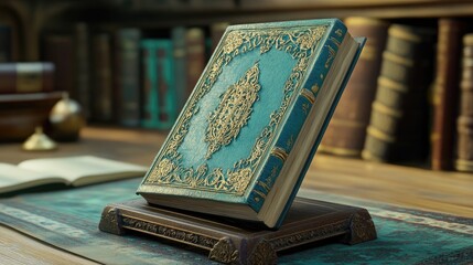 Poster - A well-structured book resting on a sturdy book stand, showcasing its vibrant cover and inviting pages in a setting full of knowledge and literary exploration.