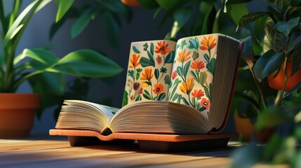 Poster - A well-structured book resting on a sturdy book stand, showcasing its vibrant cover and inviting pages in a setting full of knowledge and literary exploration.