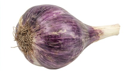 Poster - A whole garlic bulb isolated against a bright white background, showcasing its earthy texture and vibrant, fresh appearance for culinary or health-related imagery.