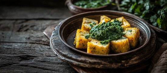 Aufkleber - Chana Dal Dhokla garnished with mint chutney on rustic wooden table selective focus food photography