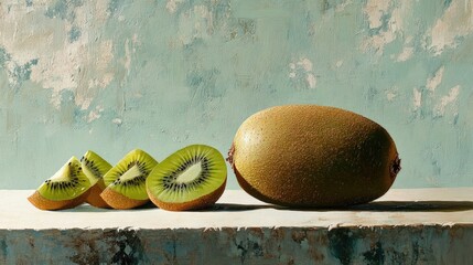 Aufkleber - A whole kiwi and a few slices laid out neatly on a table, highlighting the rich green flesh and textured brown peel for a natural, healthy food presentation.