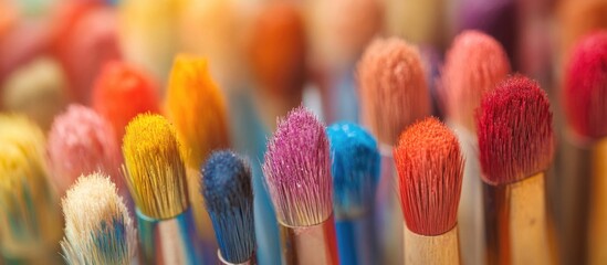 Poster - Colorful paintbrushes arranged closely in a vibrant full frame showcasing the intricate details of filaments and bristle textures.