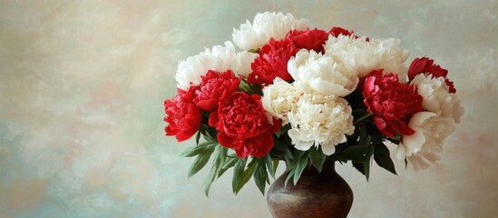 Poster - Elegant bouquet of red and white peonies in a vase against a soft pastel background