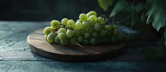 Aufkleber - Ripe green grapes arranged on a wooden plate with a dark kitchen background highlighting their freshness and texture