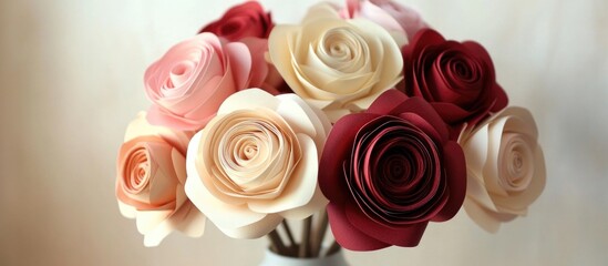 Poster - Colorful bouquet of handcrafted paper roses in a decorative vase showcasing artistic floral design and craftsmanship.