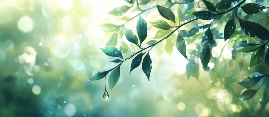 Poster - Lush green branch with a single water droplet glistening against a soft, dreamy bokeh background in nature's tranquility.