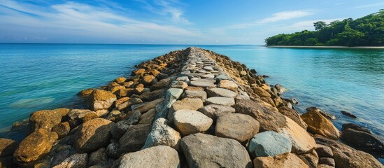 Poster - Rugged breakwater wall of rough stones extending into tranquil waters at Dungun, Terengganu under a clear sky.