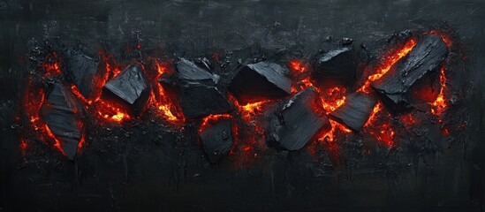 Poster - Charcoal pieces with glowing red heat streaks on a dark textured background creating a dramatic and fiery visual effect.