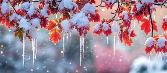 Poster - Winter scene of vibrant leaves adorned with snow and icicles against a soft snowy background in Vancouver Canada
