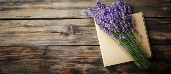 Aufkleber - Lavender bouquet resting on a rustic wooden background with notebooks creating a serene, natural ambiance for creative inspiration.