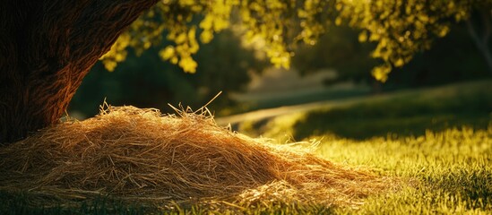 Aufkleber - Golden straw scattered under a tree in a serene landscape showcasing the beauty of nature and rustic charm.
