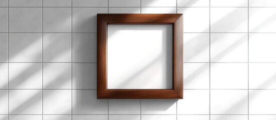Aufkleber - Brown wooden photo frame displayed on a white and gray tiled background ideal for showcasing text or images in interior design