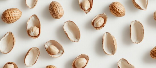 Poster - Natural peanut shells scattered on a neutral background showcasing their texture and colors in an organic, ecological setting.