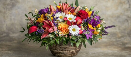 Poster - Vibrant assorted floral bouquet arranged elegantly in a woven basket creating a joyful and colorful centerpiece for any occasion