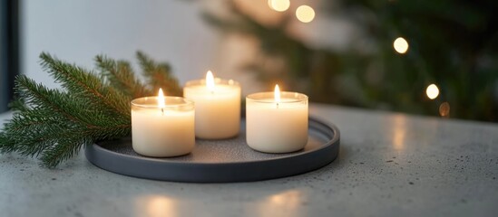 Aufkleber - Cozy Christmas scene with burning candles on a tray and fir branches in a softly blurred festive background creating a warm ambiance.