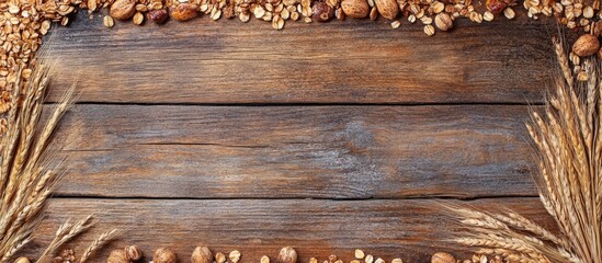 Aufkleber - Cereal Ingredients Arrangement with Whole Grains on Rustic Wooden Surface and Clear Area for Copy Space in Gourmet Advertising