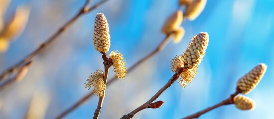 Poster - Aspen tree branches with catkins against a clear blue sky in early spring, capturing the stillness before leaves emerge.