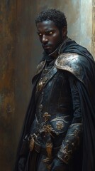 Poster - Darkskinned demon prince with a sleek figure exudes charm in a grand dark palace The setting features shadows and glowing eyes enhancing his menacing presence