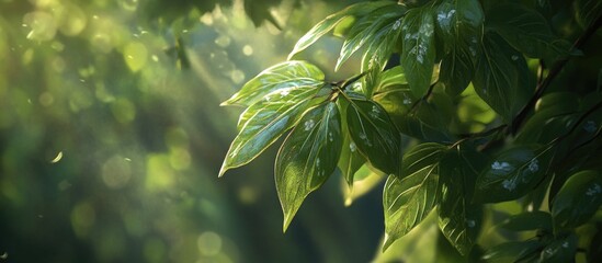 Poster - Lush green leaves glisten under soft sunlight showcasing nature's tranquility and vibrancy in a serene forest setting.