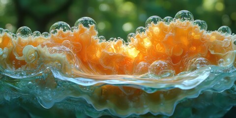 Wall Mural - Close up of orange flower with water droplets and fractal reflections in a serene natural setting