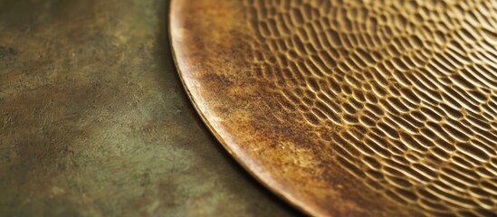 Poster - Textured brass plate with a brushed finish showcasing intricate patterns on a rustic background. Perfect for vintage or artistic themes.