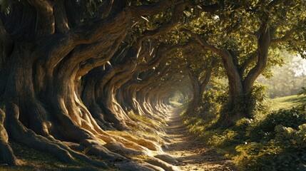 Wall Mural - enchanting forest path with ancient trees forming a natural tunnel of light