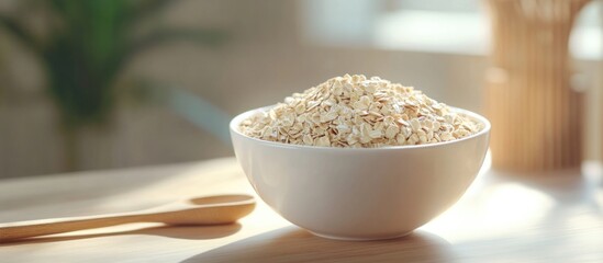 Poster - Freshly prepared bowl of whole oats on wooden surface with natural light showcasing healthy breakfast options and wholesome ingredients.