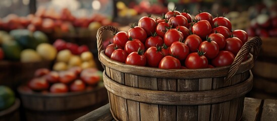 Aufkleber - Freshly harvested red tomatoes in wooden basket at a bustling market showcasing vibrant fruits and vegetables for a healthy lifestyle.