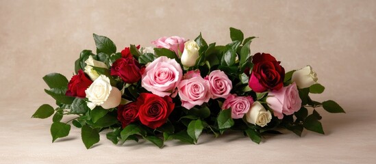 Poster - Mixed bouquet of pink red and white roses with greenery elegant floral arrangement perfect for celebrations and special occasions.