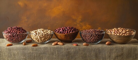 Poster - Diverse selection of bulk dry beans in vintage wooden and glass bowls arranged on burlap with an orange textured background.