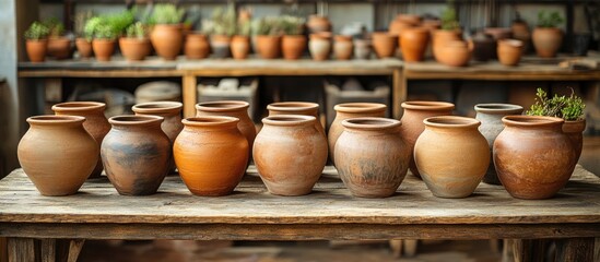 Poster - Traditional Spanish pottery showcasing handmade ceramic pots on a rustic wooden table in a workshop setting with plants in the background.