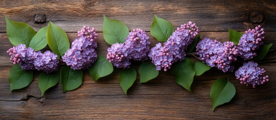 Poster - Lilac branch with purple flowers and green leaves arranged on a rustic wooden background showcasing natural beauty and elegance