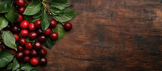 Aufkleber - Fresh Organic Cherries with Leaves on Rustic Wooden Surface Healthy Vegan Berries Copy Space for Food and Lifestyle Promotion