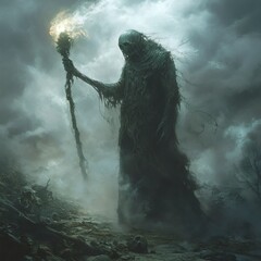Poster - Decayed bloated demon lord wields a glowing necrotic wand in a barren landscape of skeletal remains and swirling dark mist The scene exudes dark eerie atmosphere