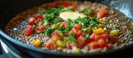 Poster - Nutritious buckwheat cooked with butter and fresh vegetables in a pot showcasing vibrant colors and textures for healthy meal inspiration.