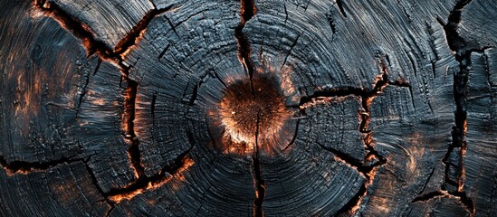 Poster - Dark burned wood texture with intricate cracks and circular patterns evoking a rustic and weathered appearance for design backgrounds.