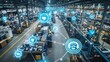 © Natchooda - Aerial view of sensor nodes in a manufacturing facility with visual connections indicating the speed and coverage of 5G networks in action.
