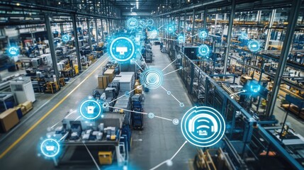 Poster - Aerial view of sensor nodes in a manufacturing facility with visual connections indicating the speed and coverage of 5G networks in action.