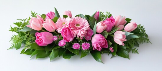 Poster - Elegant arrangement of pink flowers including tulips and gerbera daisies surrounded by lush green foliage on a white background.