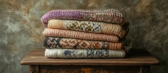 Poster - Folded stack of knitted pastel sweaters with various patterns placed on a rustic wooden table against a textured grungy background