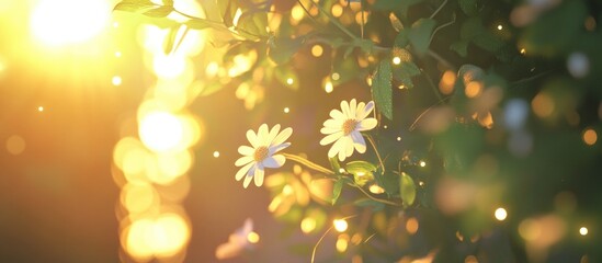 Leinwandbilder - Bouquet of daisies illuminated by sunlight with a soft natural background creating a serene and warm atmosphere.